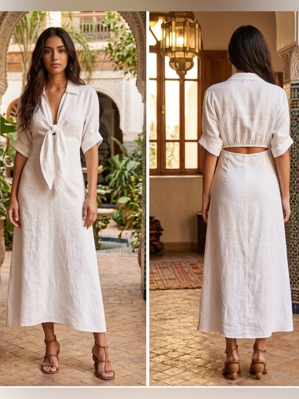 JQB Chiara Dress 2.0 White Tie-Front Linen Midi Dress SIZE XS